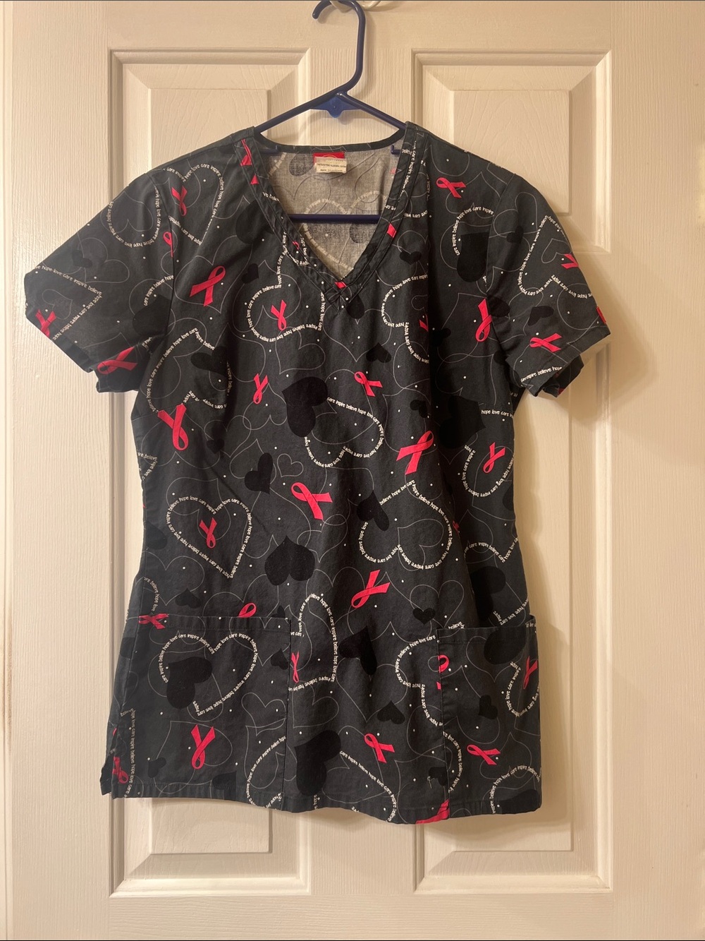 Dickies Black Scrub Top with Pink Ribbon Print